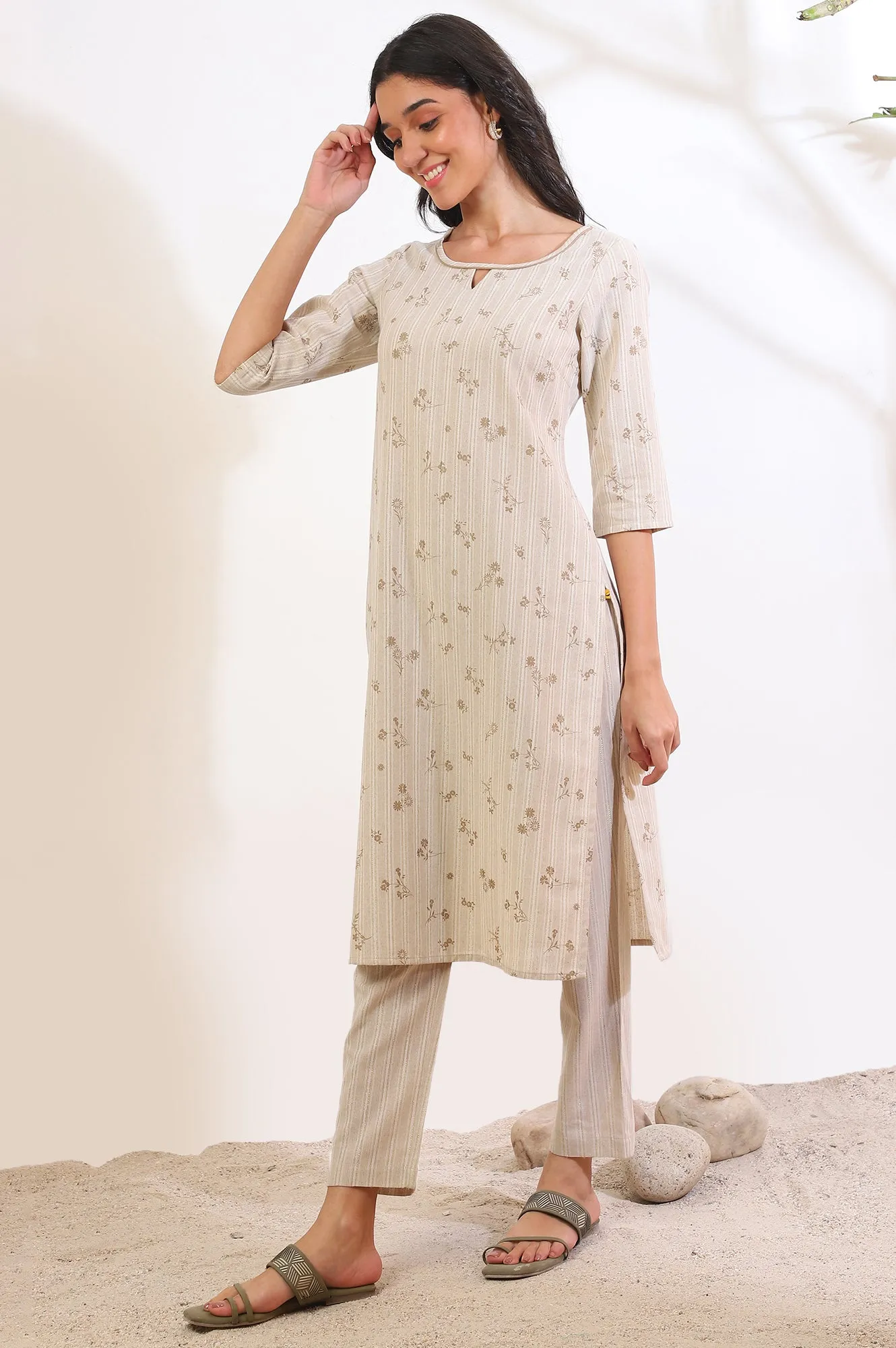 Beige Printed Cotton Blend Straight Kurta & Trousers Set
