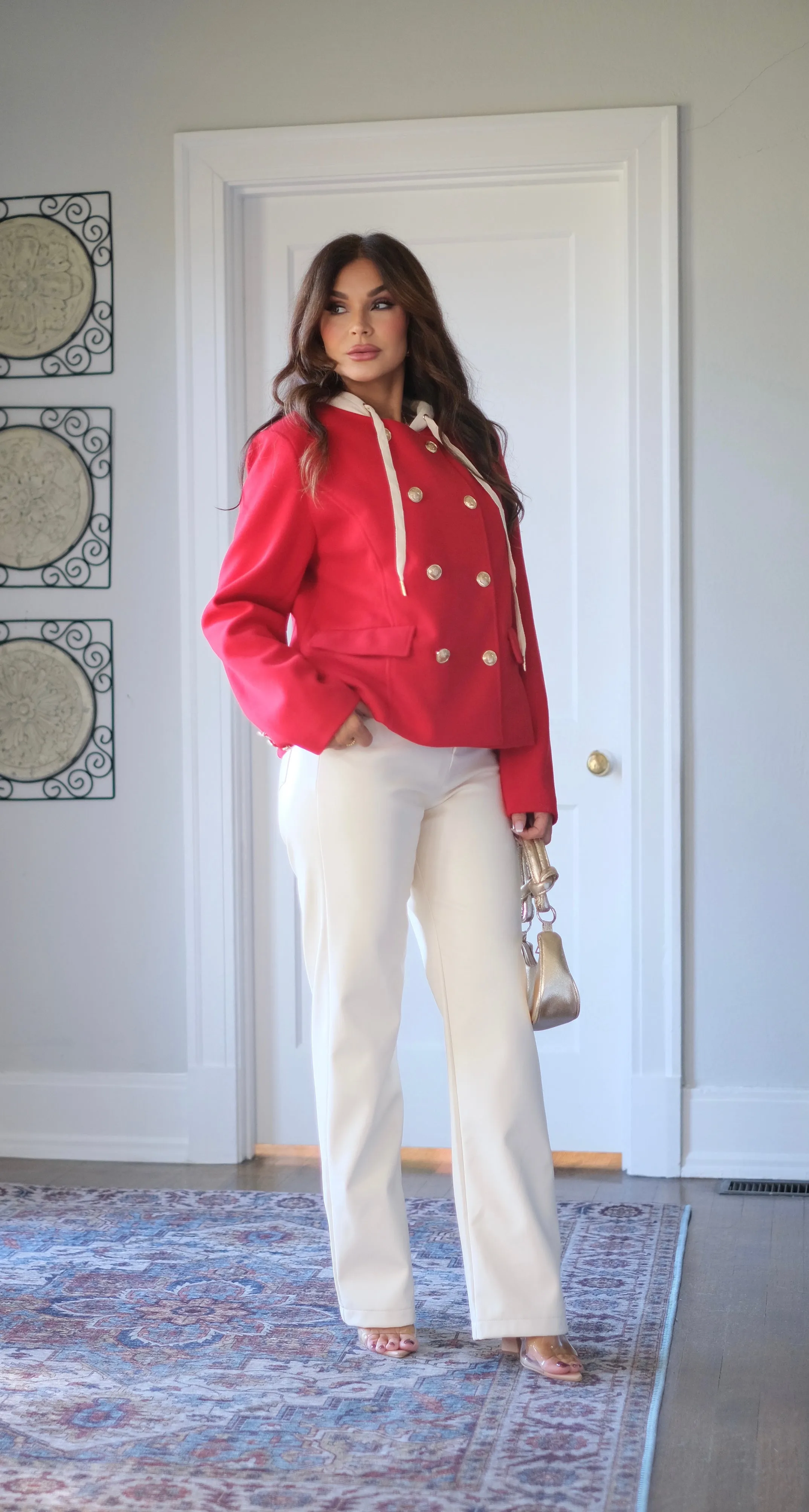 Bennie red dtachable hoodie gold button coat