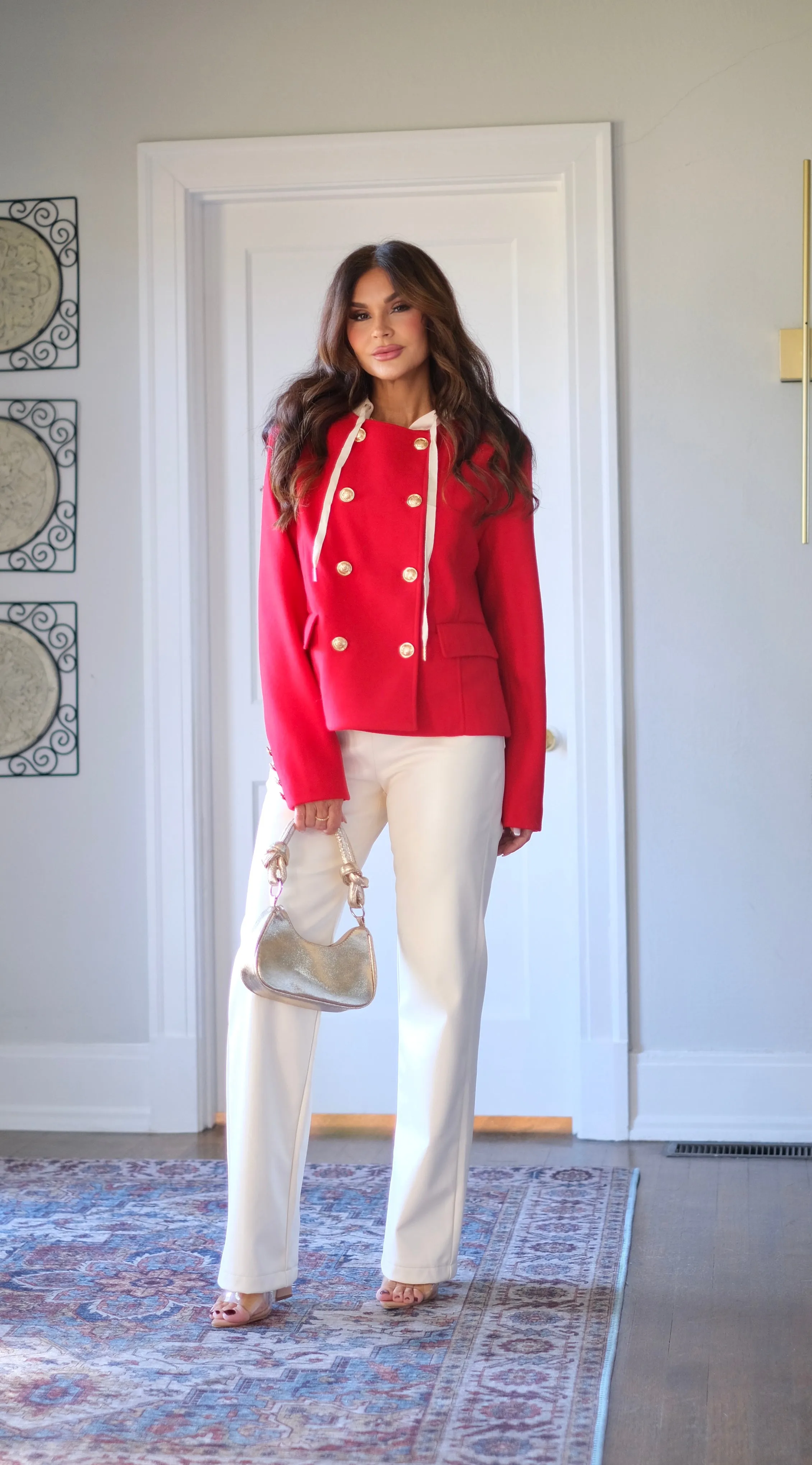 Bennie red dtachable hoodie gold button coat