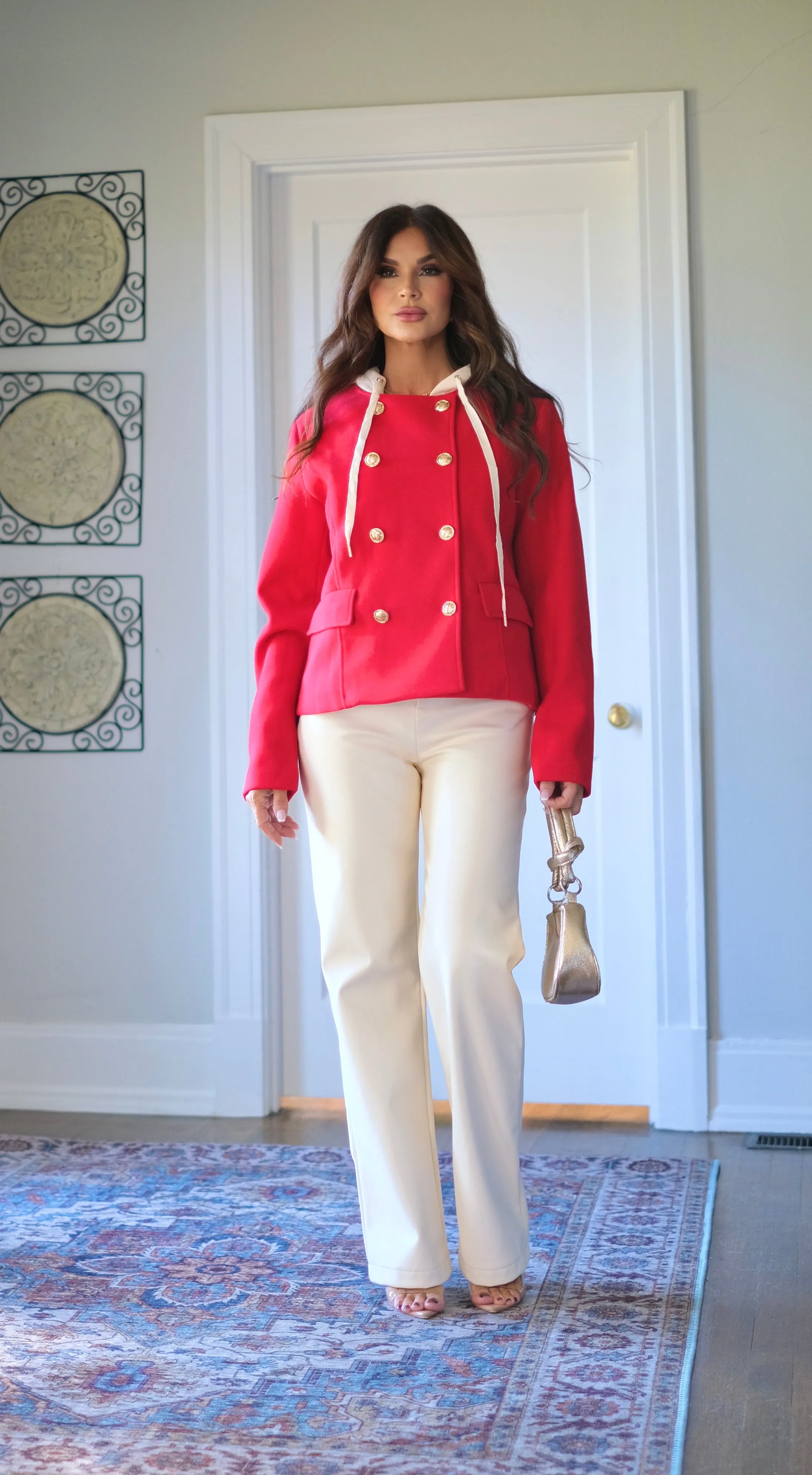 Bennie red dtachable hoodie gold button coat