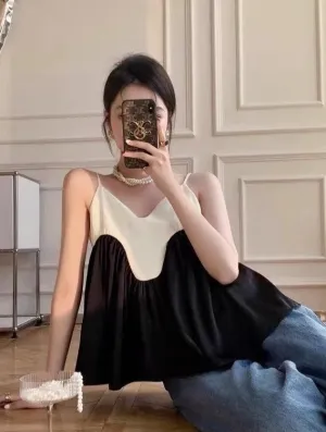 Black and White Color Contrast A-Line Curved Halter Top