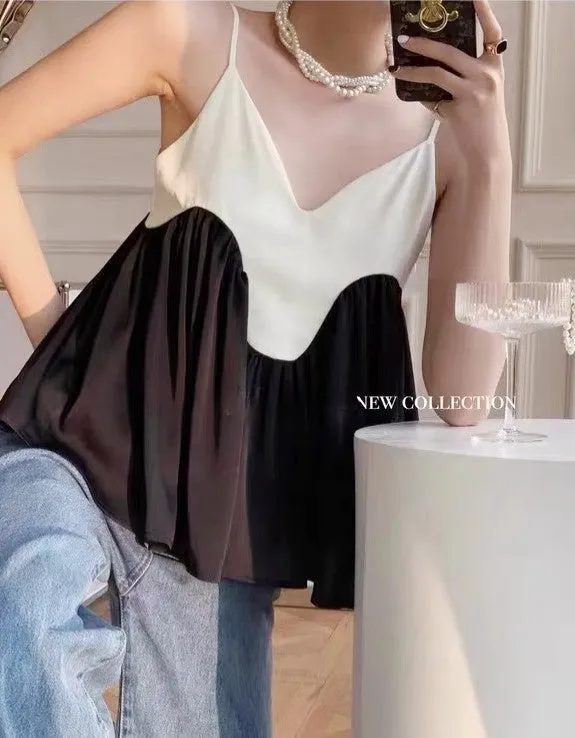 Black and White Color Contrast A-Line Curved Halter Top