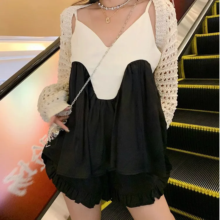 Black and White Color Contrast A-Line Curved Halter Top