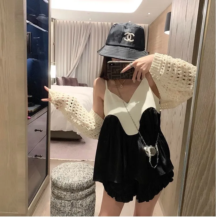 Black and White Color Contrast A-Line Curved Halter Top
