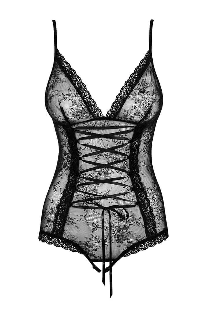 Black crotchless bodysuit with lace-up - DIVA