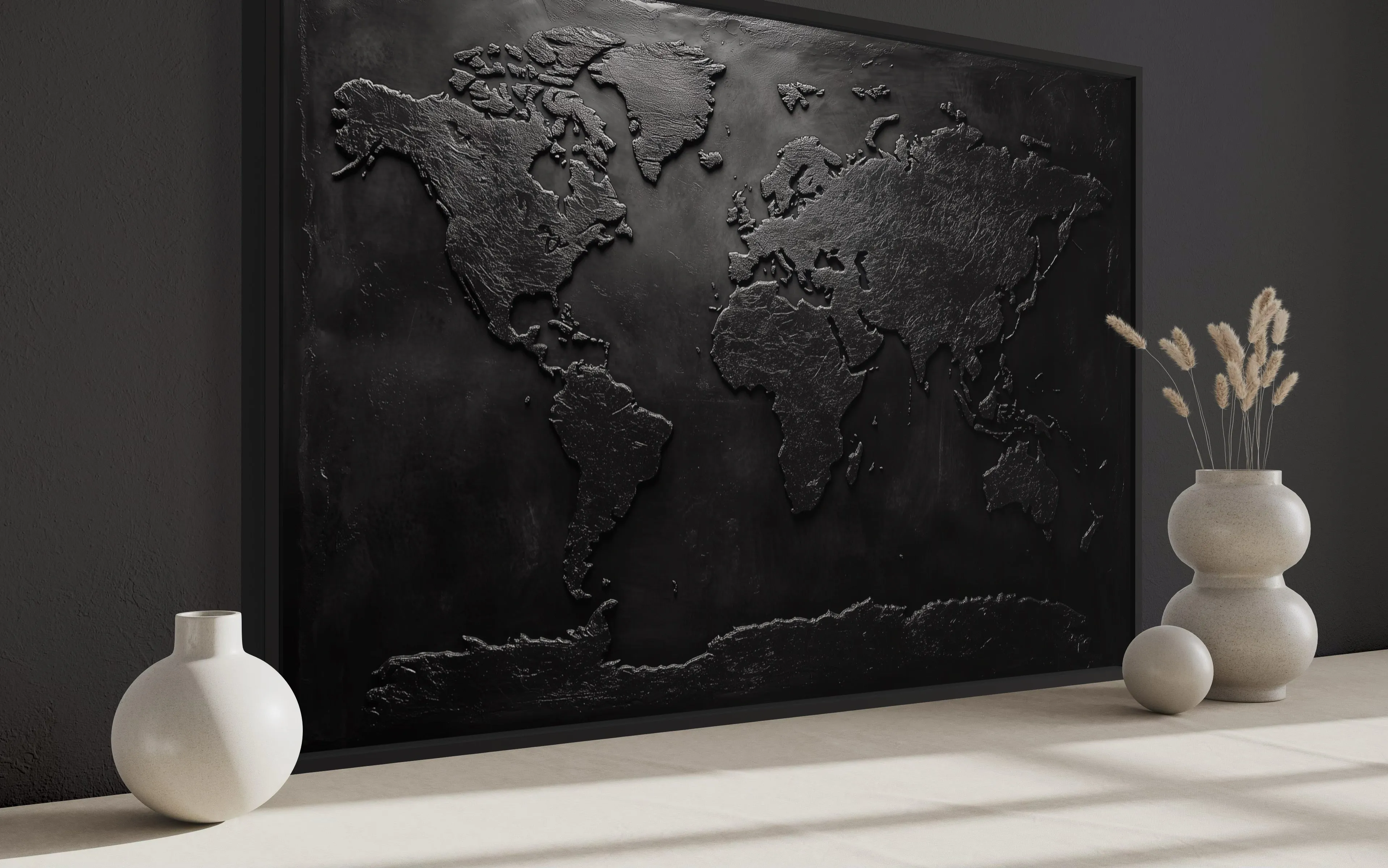 Black World Map Framed Canvas Wall Art For Man Cave Or Office