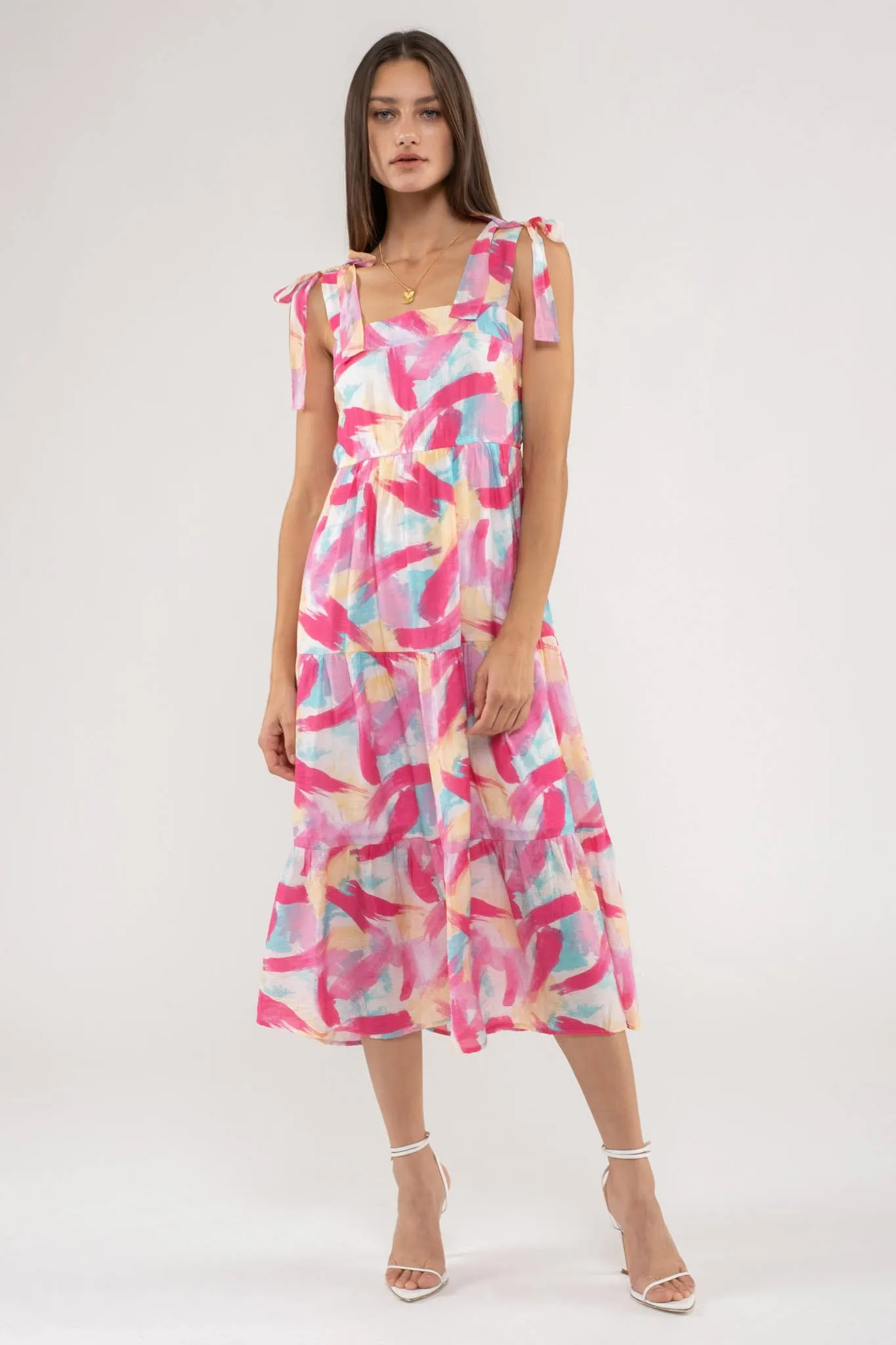 Blu Pepper Brush Stroke Print Tiered Midi Dress CR1953F