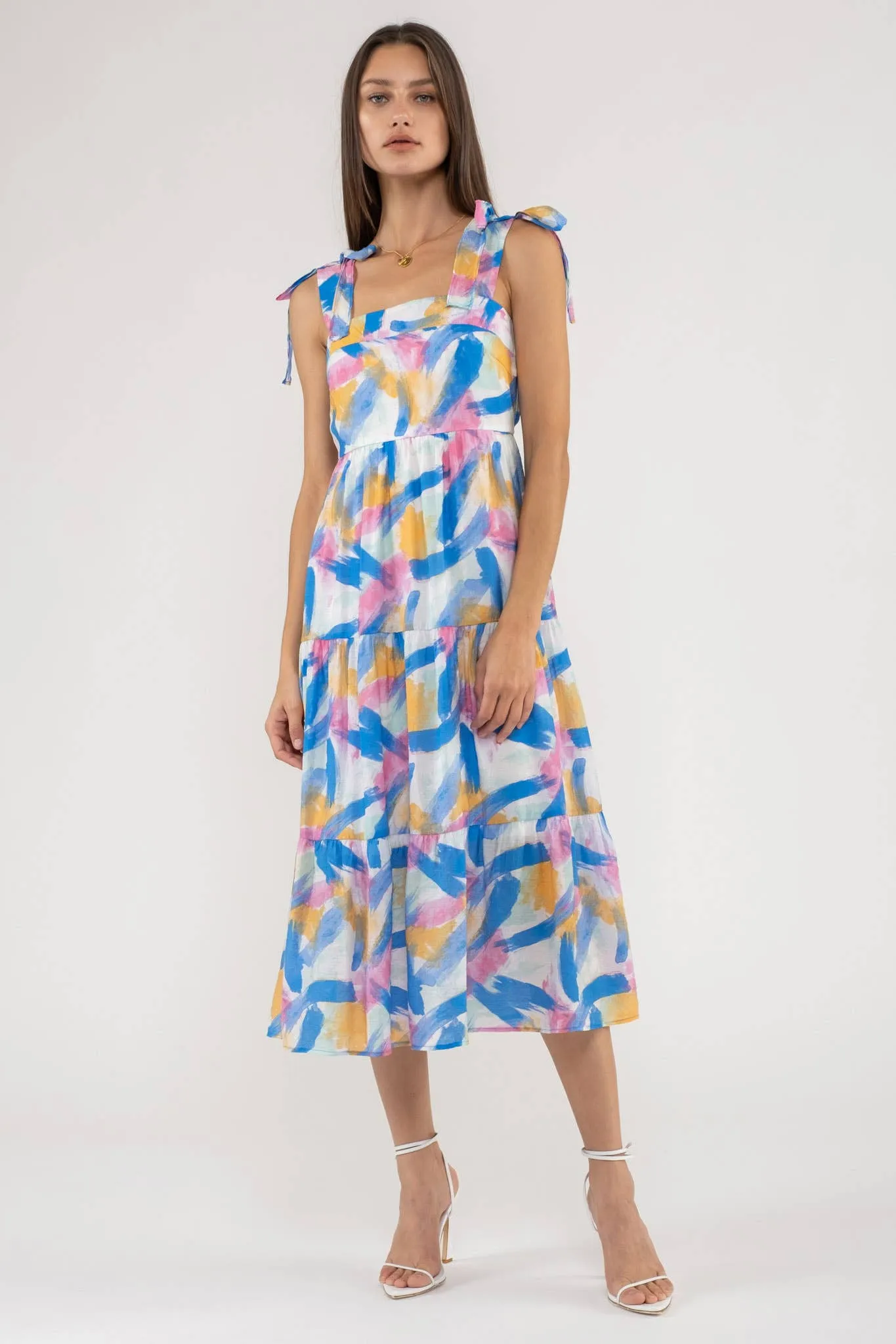 Blu Pepper Brush Stroke Print Tiered Midi Dress CR1953F