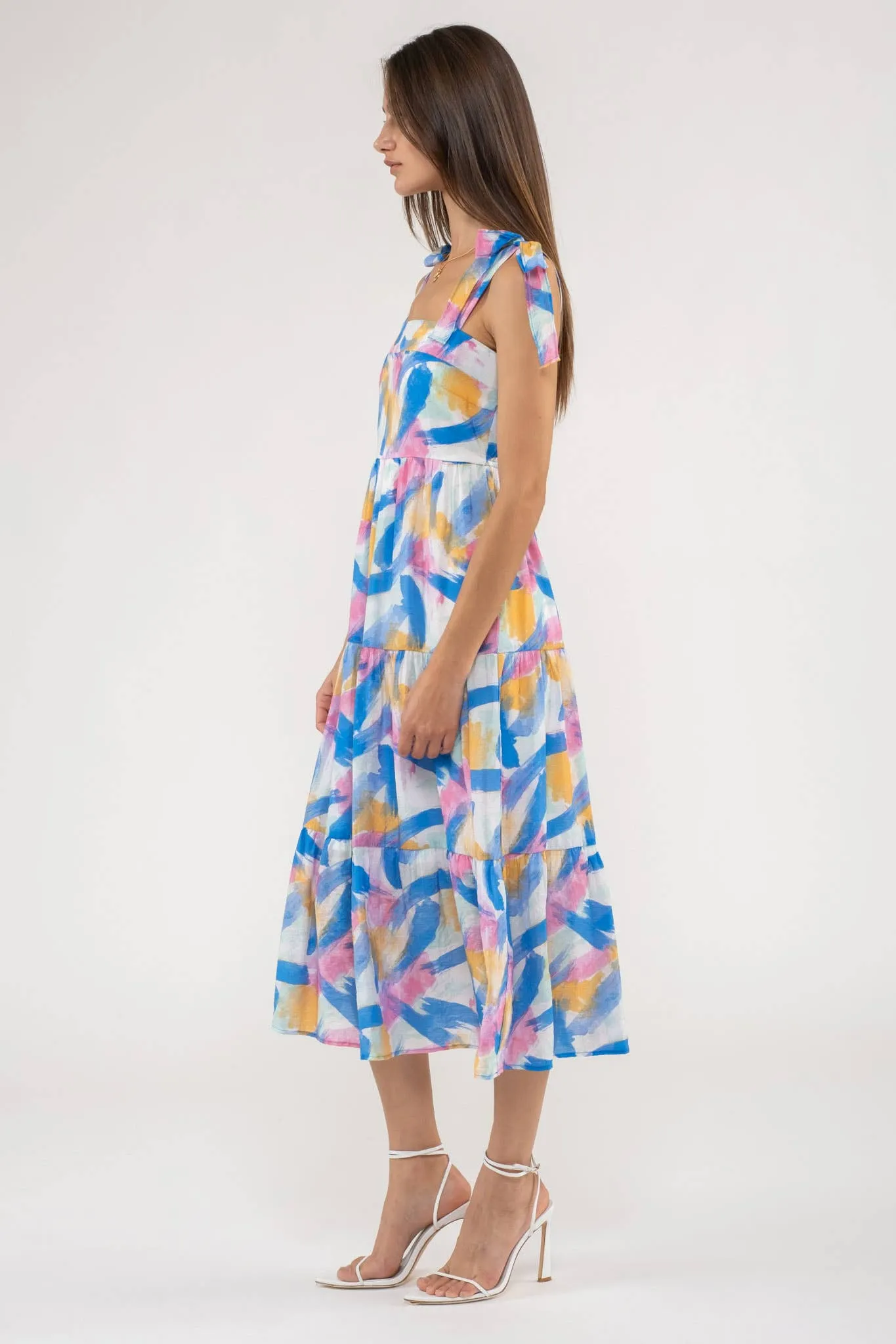 Blu Pepper Brush Stroke Print Tiered Midi Dress CR1953F
