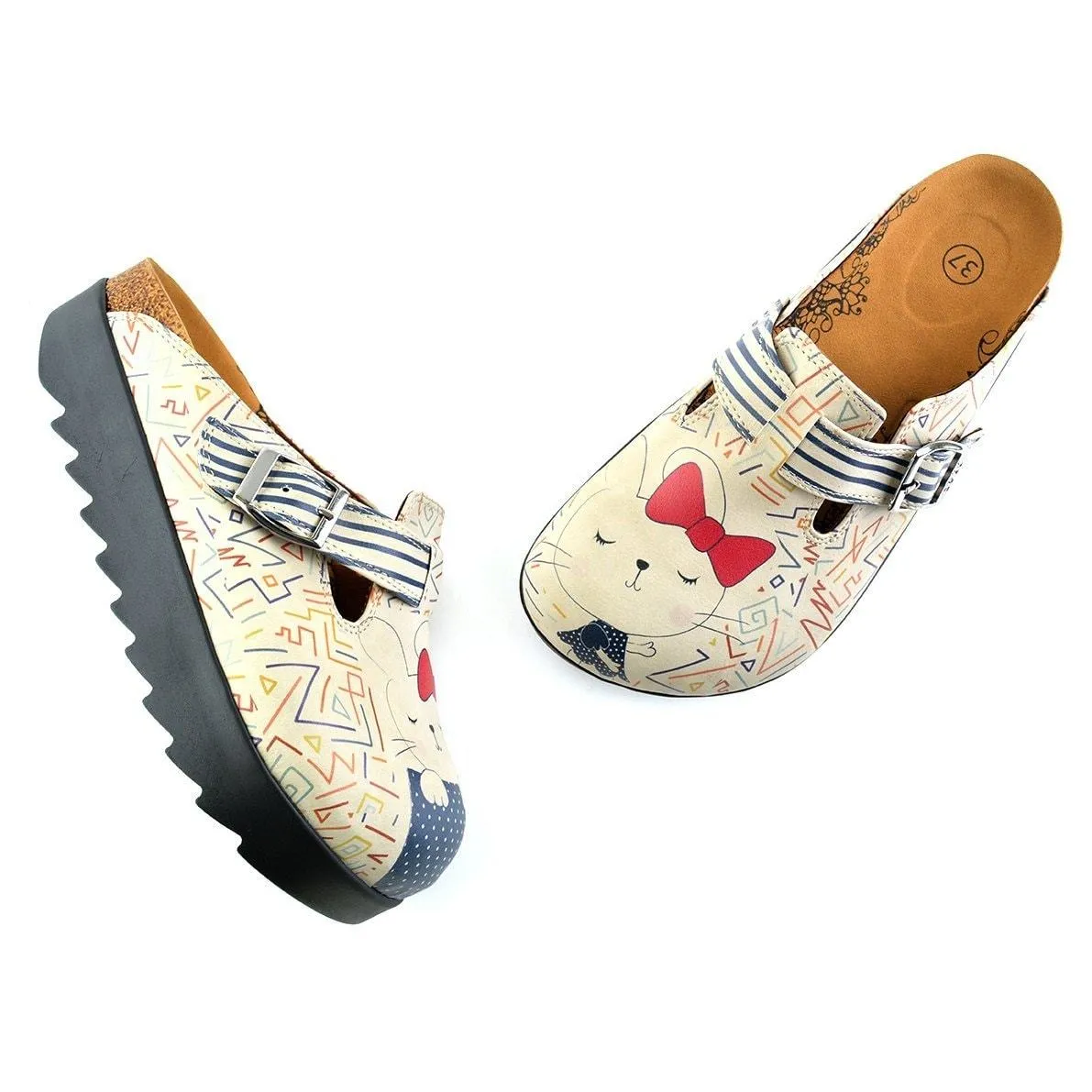 Blue and Cream Colored Strip, Blue Colored Sweet Cat Patterned Clogs - CAL706