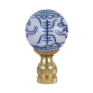 Blue and White Porcelain Ball Finial on Polished Brass Base