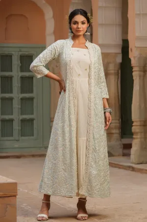 Blue Cotton Dobby Anarkali Dress With Chanderi Chikankari Jacket
