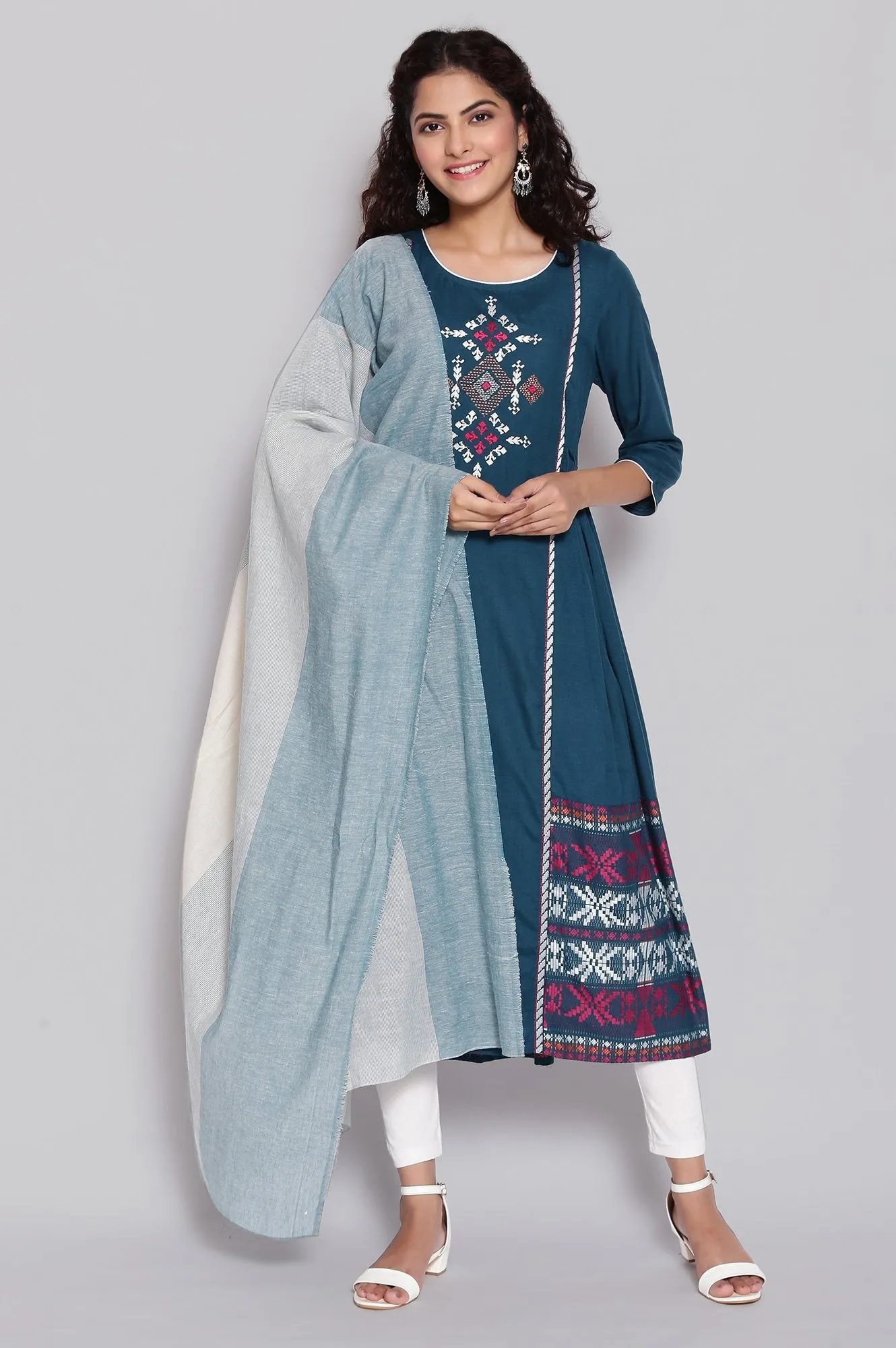 Blue Cotton Dobby Geometric Print Dupatta