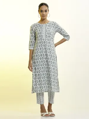 Blue Ethnic Motif Printed Cotton Blend Kurta Set