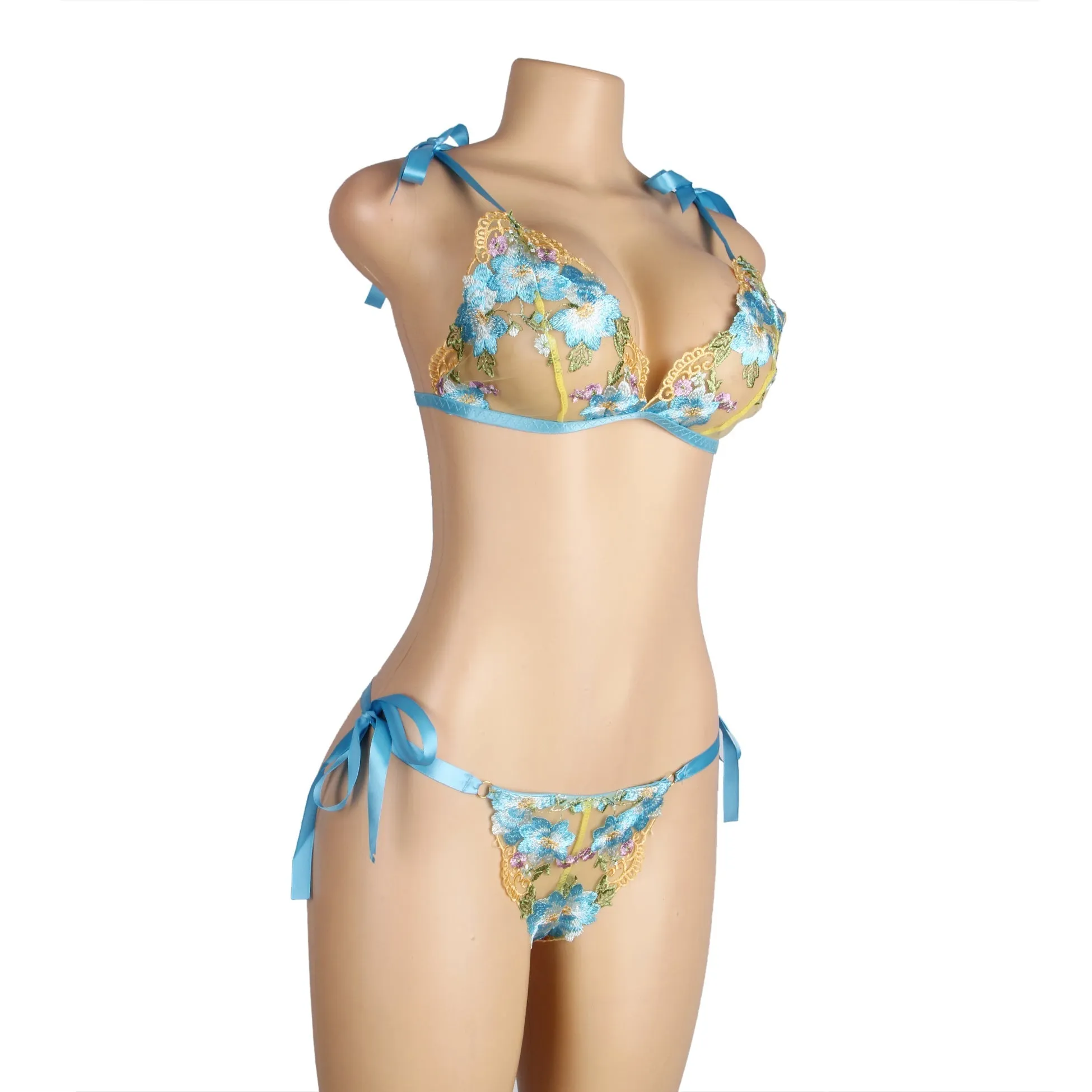Blue Floral Embroidery Lace Detachable Strap Bra Set Lingerie Egypt