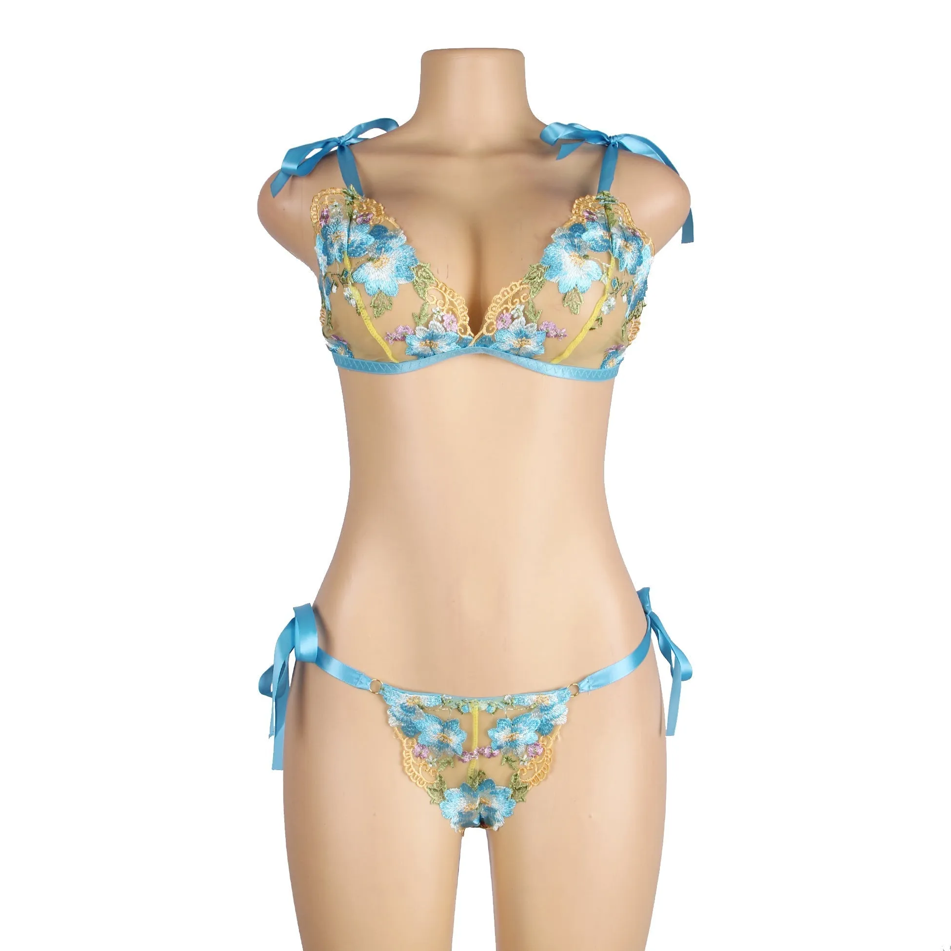 Blue Floral Embroidery Lace Detachable Strap Bra Set Lingerie Egypt