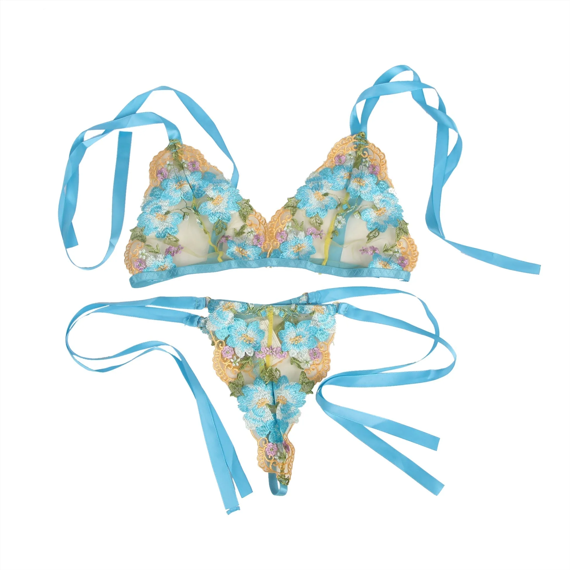 Blue Floral Embroidery Lace Detachable Strap Bra Set Lingerie Egypt
