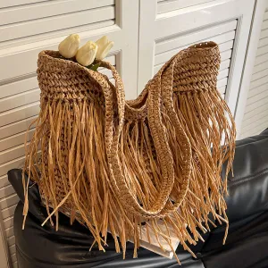 Boho Chic: Woven Women's Large Capacity Tassel Shoulder Bag
