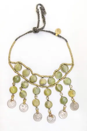 Brass Beaded Necklace With Emerald Stones and Pakistani Coins