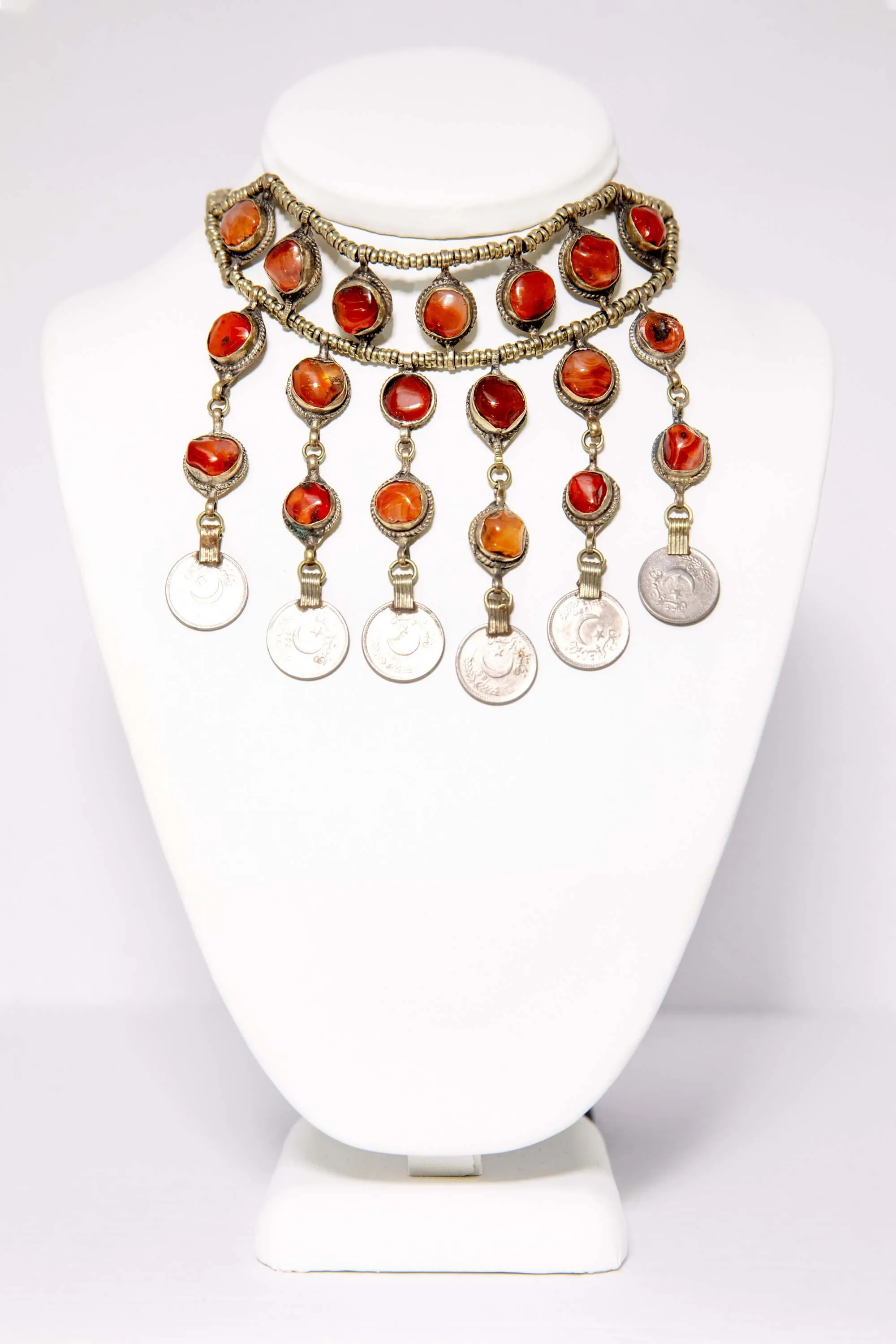 Brass Beaded Necklace With Red Stones and Pakistani Coins