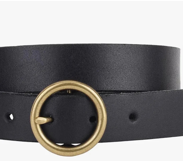 Brass Circle Buckle Leather Belt-Black