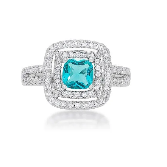 Brenda Aqua Blue Cushion Double Halo Ring | 3ct