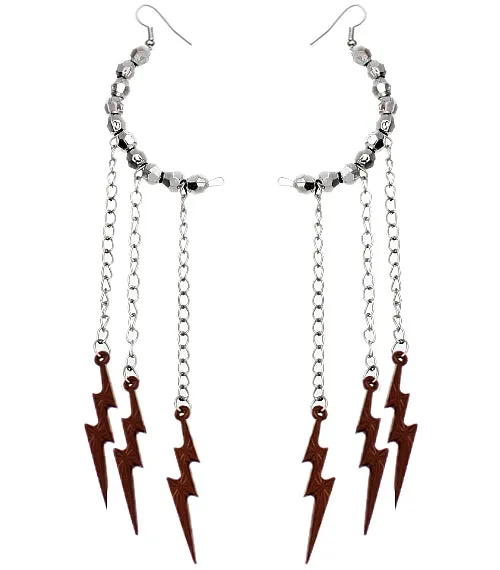 Brown Beaded Drop Chain Lightning Bolt Dangle Earrings