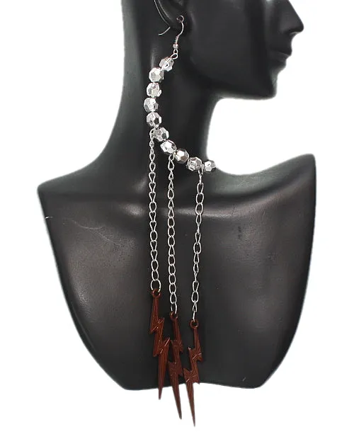 Brown Beaded Drop Chain Lightning Bolt Dangle Earrings