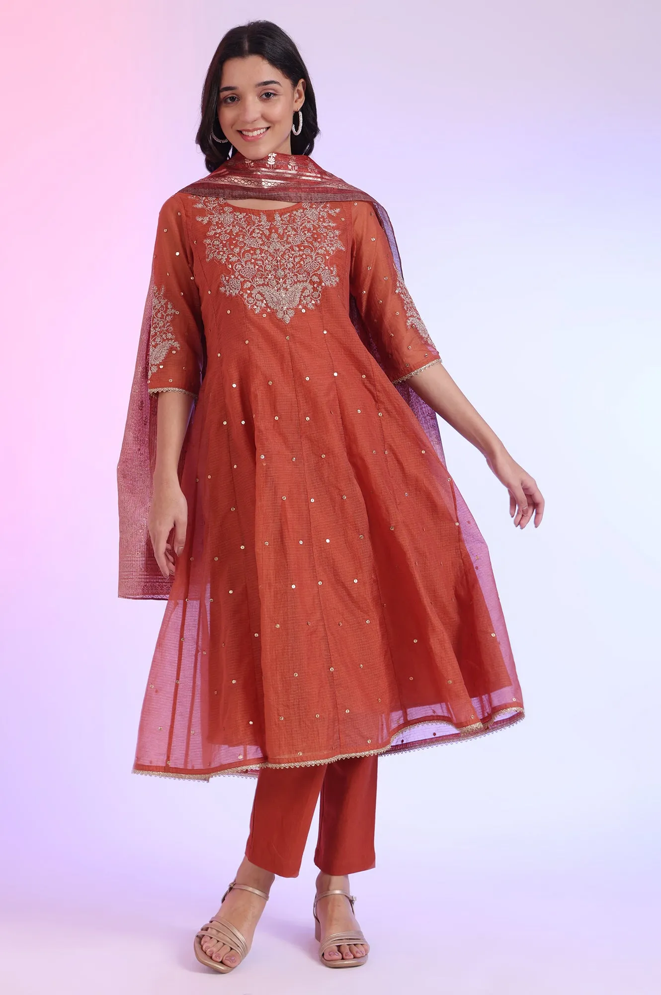 Brown Embroidered Anarkali with Trousers & Dupatta Set