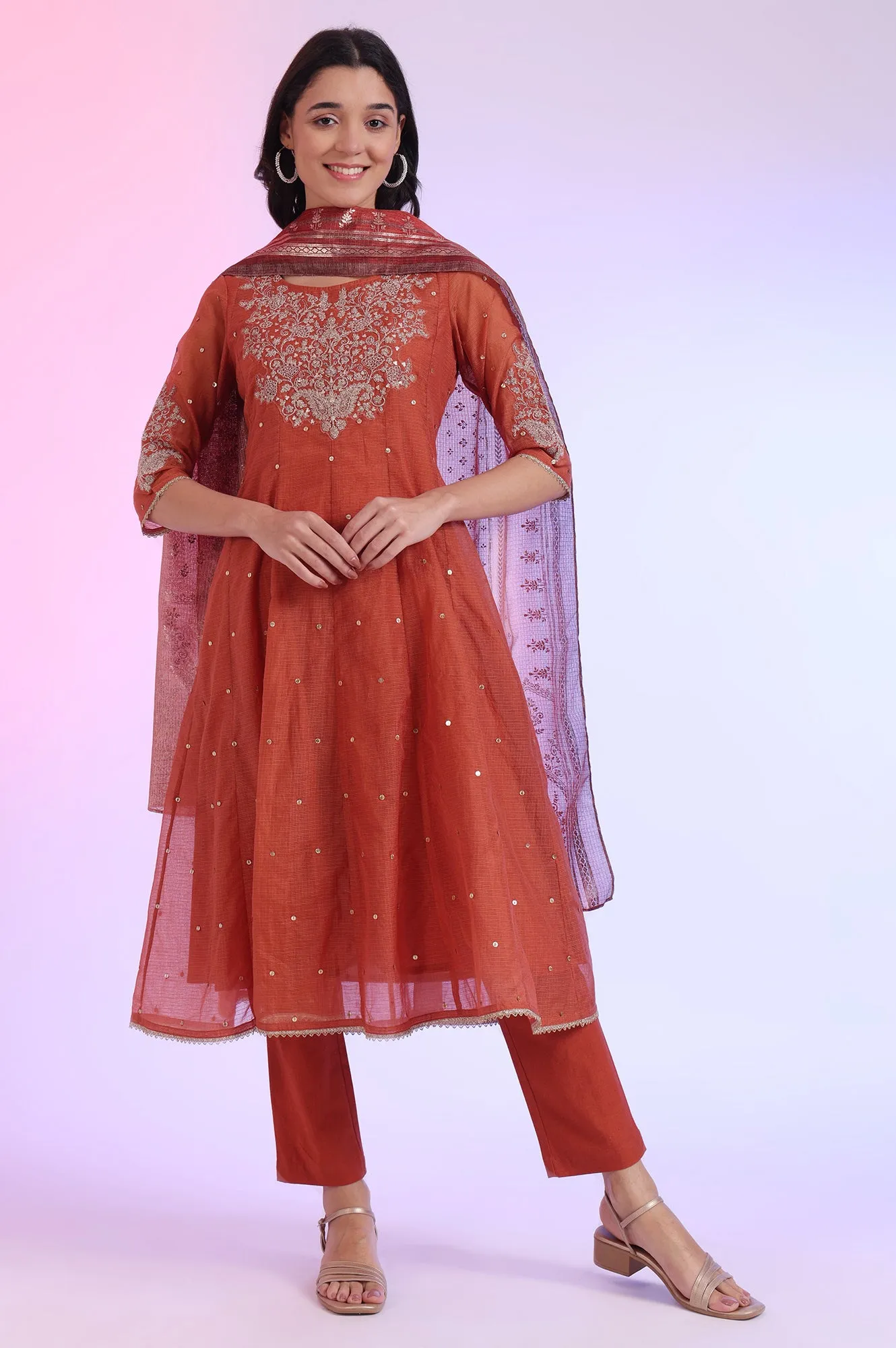 Brown Embroidered Anarkali with Trousers & Dupatta Set