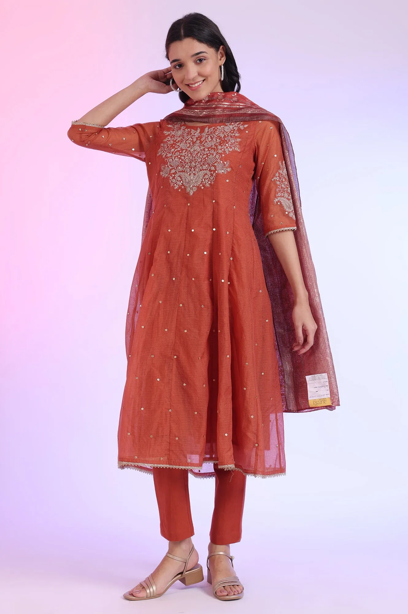 Brown Embroidered Anarkali with Trousers & Dupatta Set