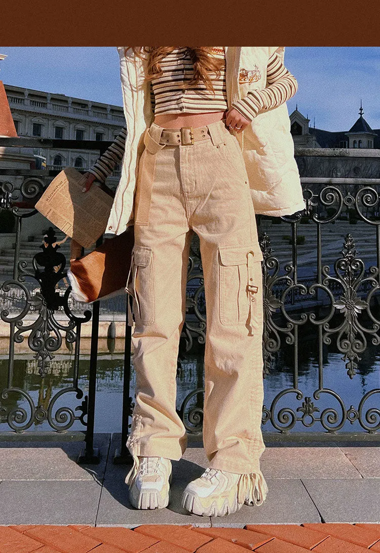 Carina Solid Color Double Pocket Ruched Straight Leg Pants