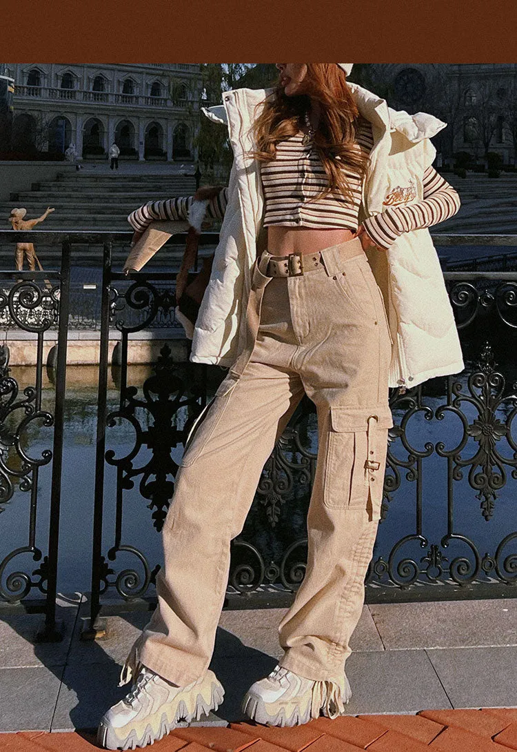 Carina Solid Color Double Pocket Ruched Straight Leg Pants