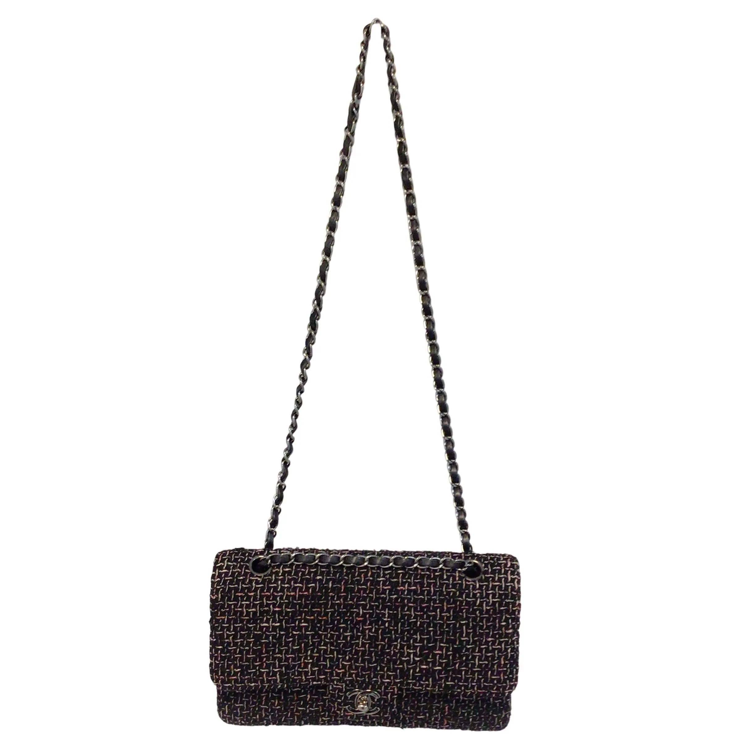 Chanel Black / White / Pink 2004 New York Woven Tweed Double Flap Bag