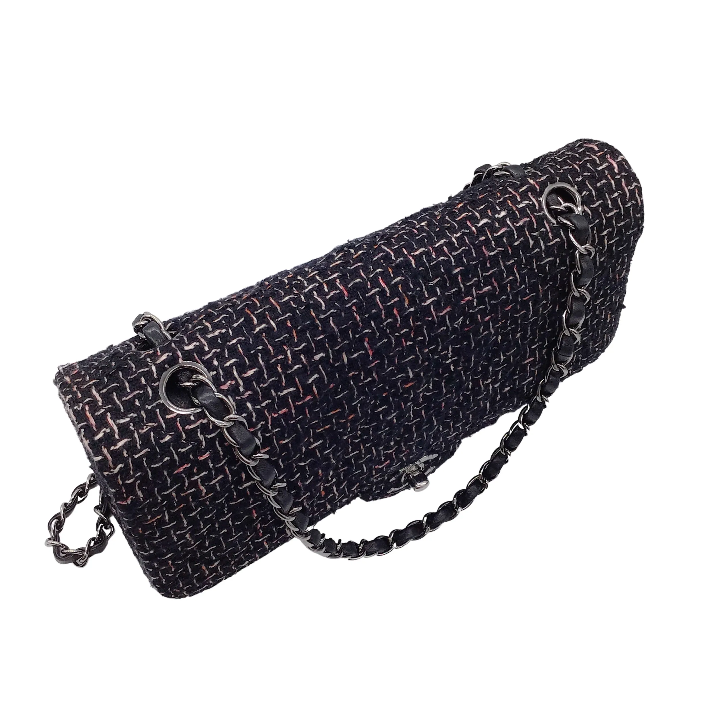 Chanel Black / White / Pink 2004 New York Woven Tweed Double Flap Bag