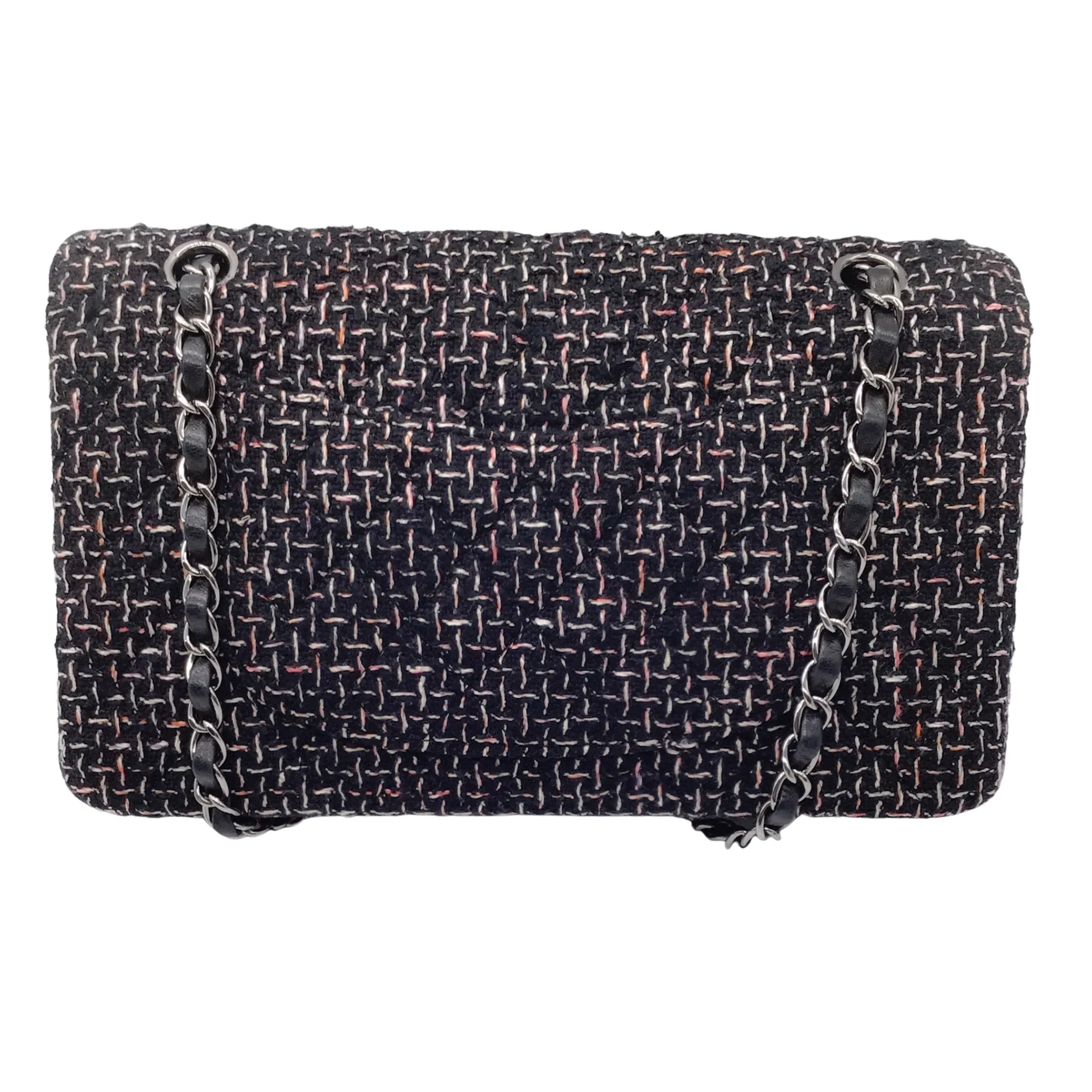 Chanel Black / White / Pink 2004 New York Woven Tweed Double Flap Bag