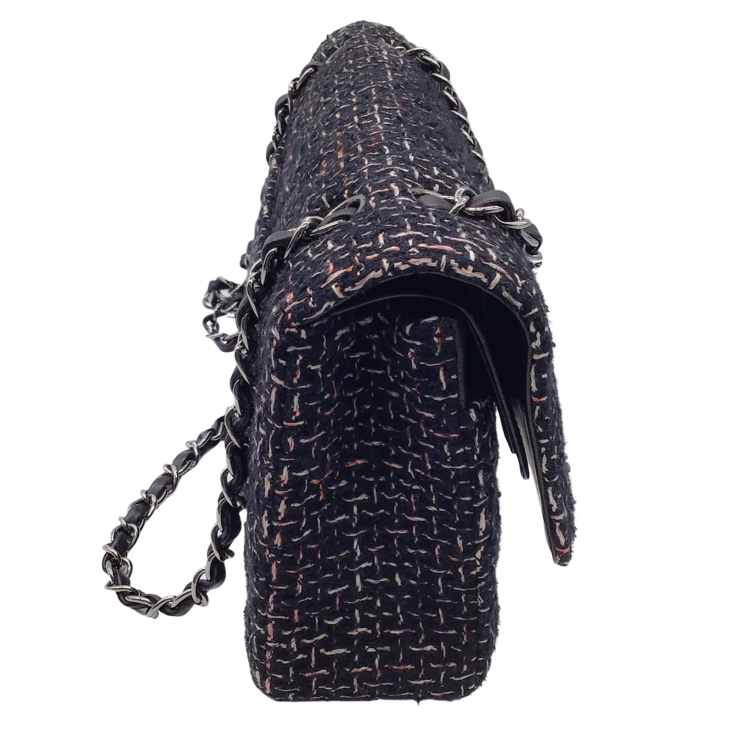 Chanel Black / White / Pink 2004 New York Woven Tweed Double Flap Bag