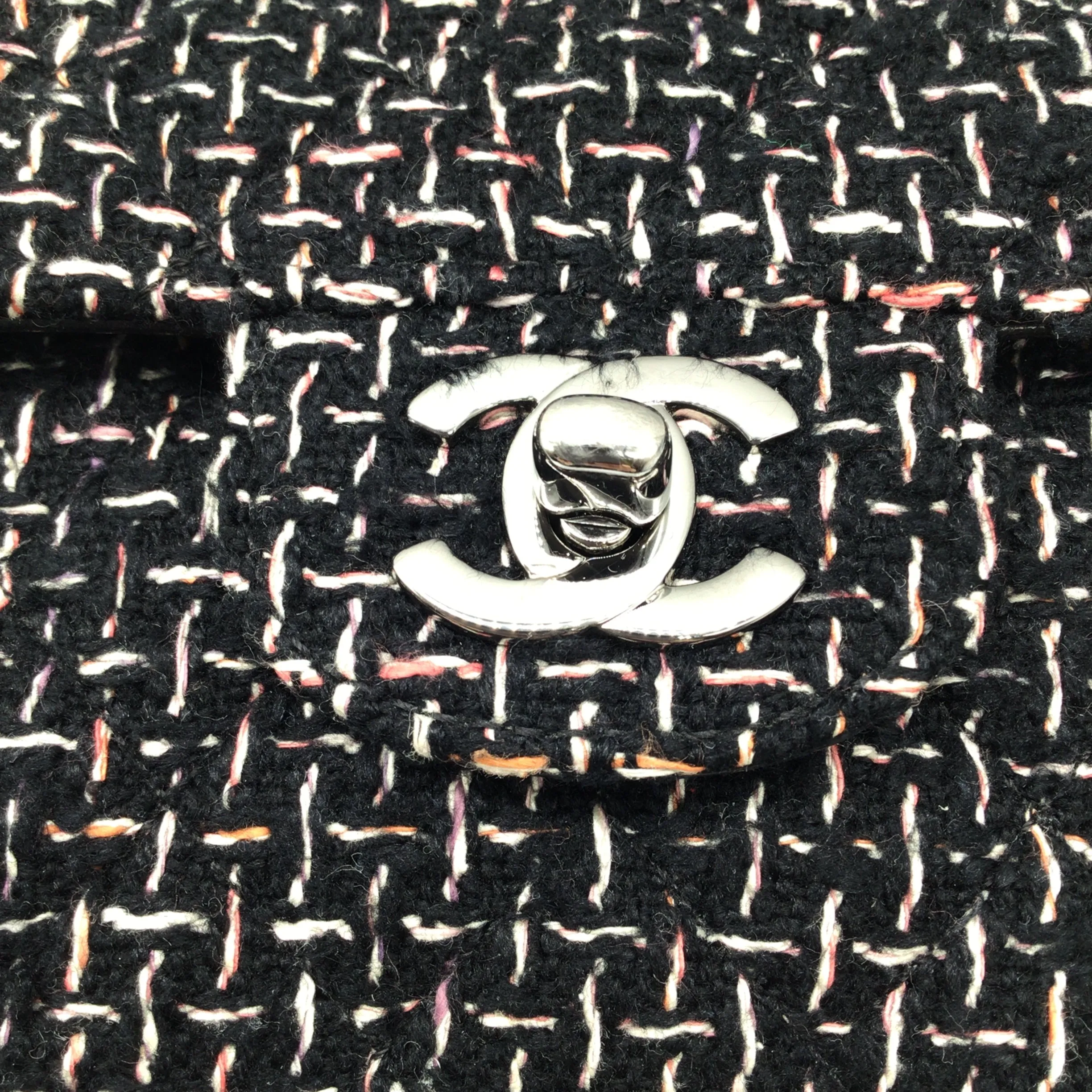 Chanel Black / White / Pink 2004 New York Woven Tweed Double Flap Bag