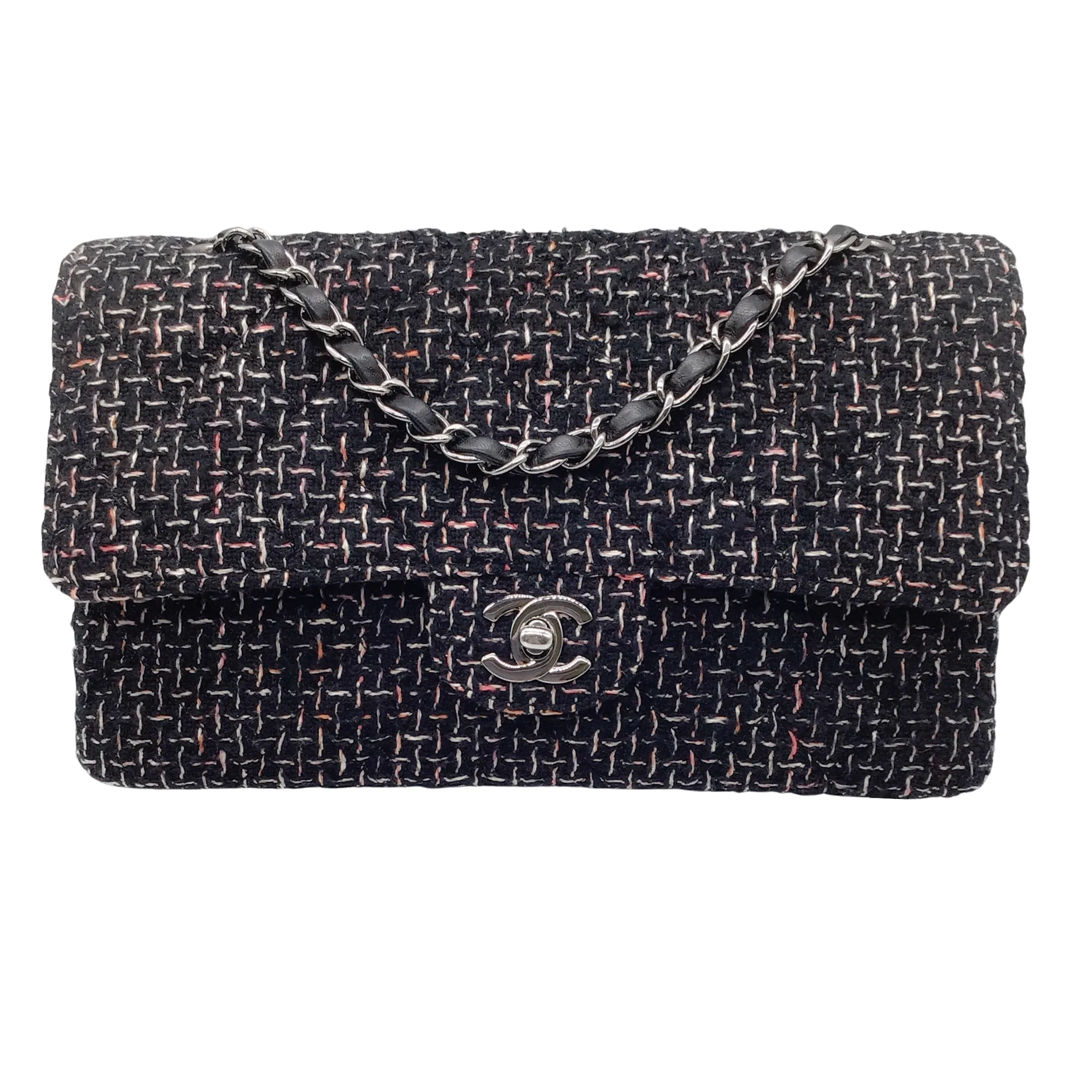 Chanel Black / White / Pink 2004 New York Woven Tweed Double Flap Bag