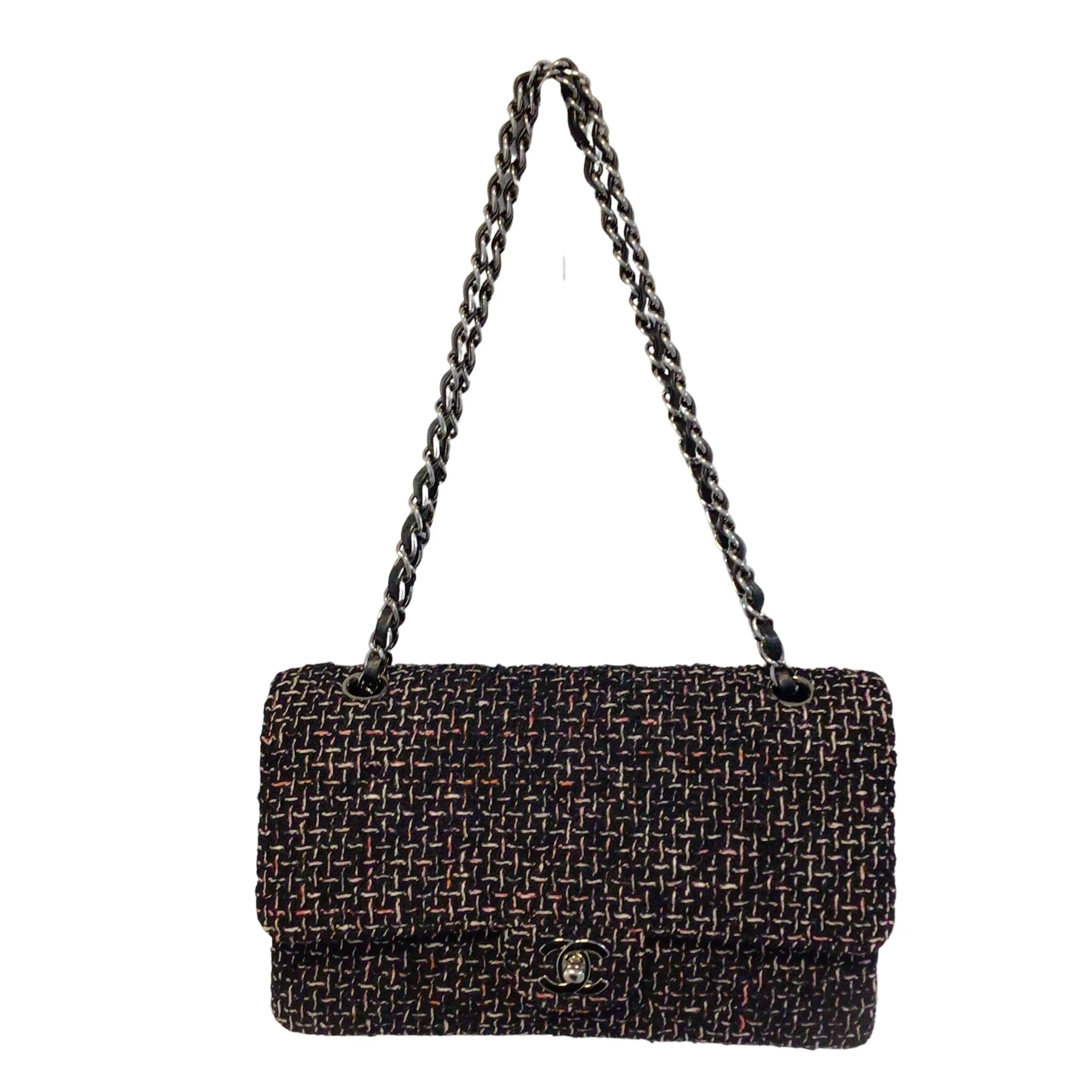 Chanel Black / White / Pink 2004 New York Woven Tweed Double Flap Bag