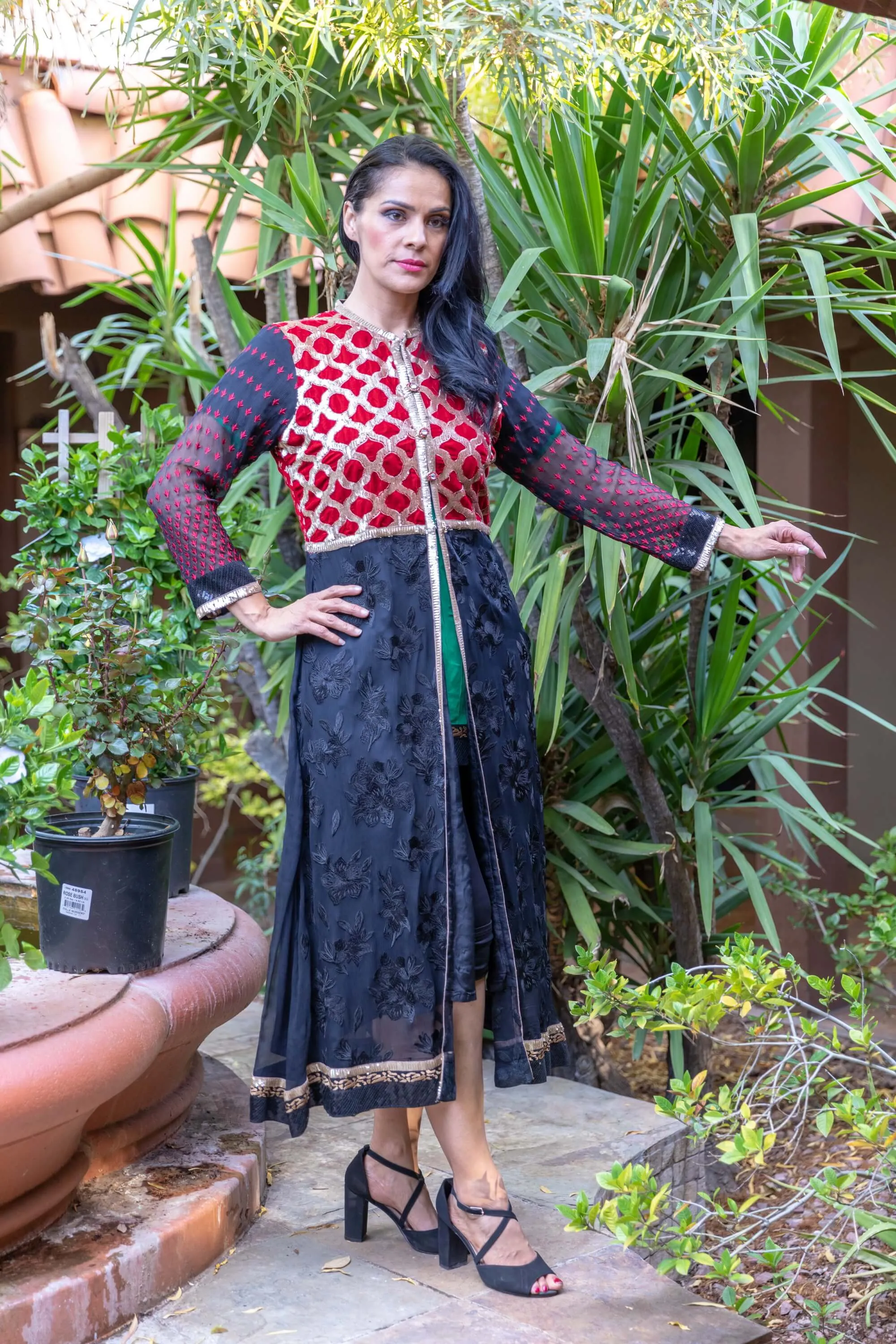 Chiffon Embroidery Gown with Red and Gold Design