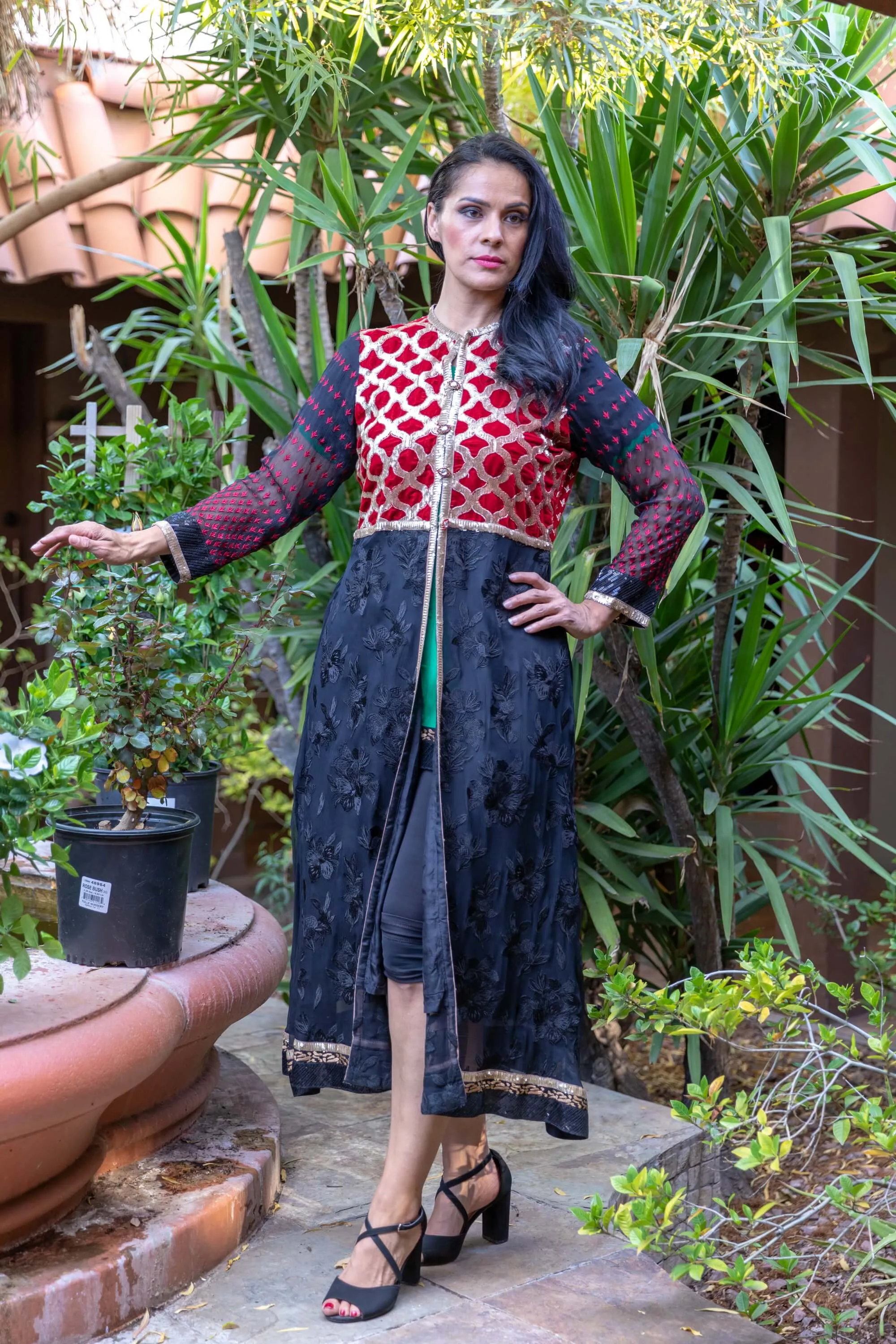 Chiffon Embroidery Gown with Red and Gold Design