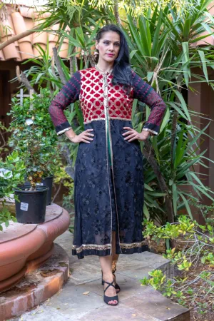Chiffon Embroidery Gown with Red and Gold Design