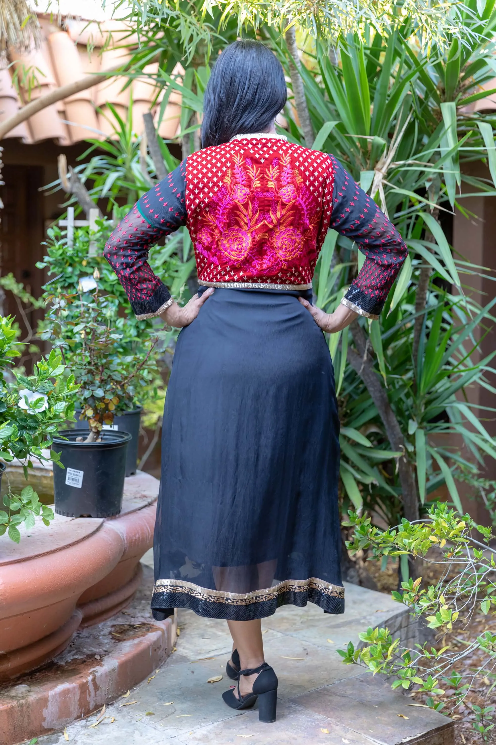 Chiffon Embroidery Gown with Red and Gold Design