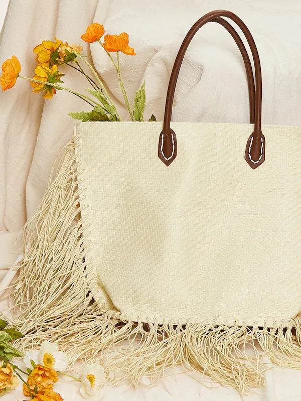 CM-BGS213702 Women Casual Bohemian Style Tassel Hem Tote Bag - Beige