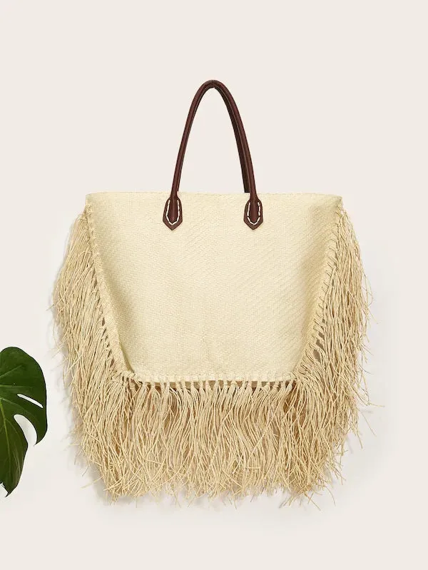 CM-BGS213702 Women Casual Bohemian Style Tassel Hem Tote Bag - Beige