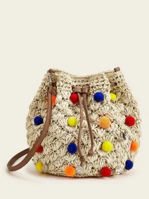CM-BGS302934 Women Trendy Bohemian Style Pom-Pom Decor Woven Crossbody Bag - Khaki