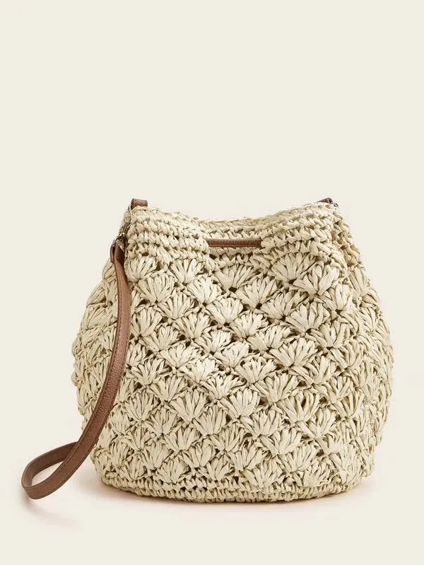CM-BGS302934 Women Trendy Bohemian Style Pom-Pom Decor Woven Crossbody Bag - Khaki