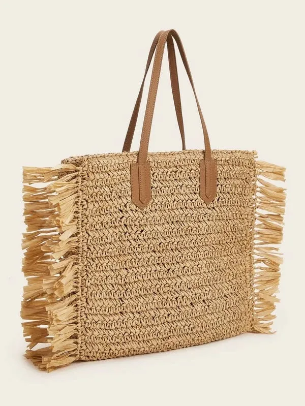 CM-BGS310213 Women Trendy Bohemian Style Fringe Trim Woven Tote Bag - Khaki