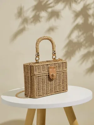 CM-BGS323064 Women Trendy Bohemian Style Woven Structured Box Bag - Khaki